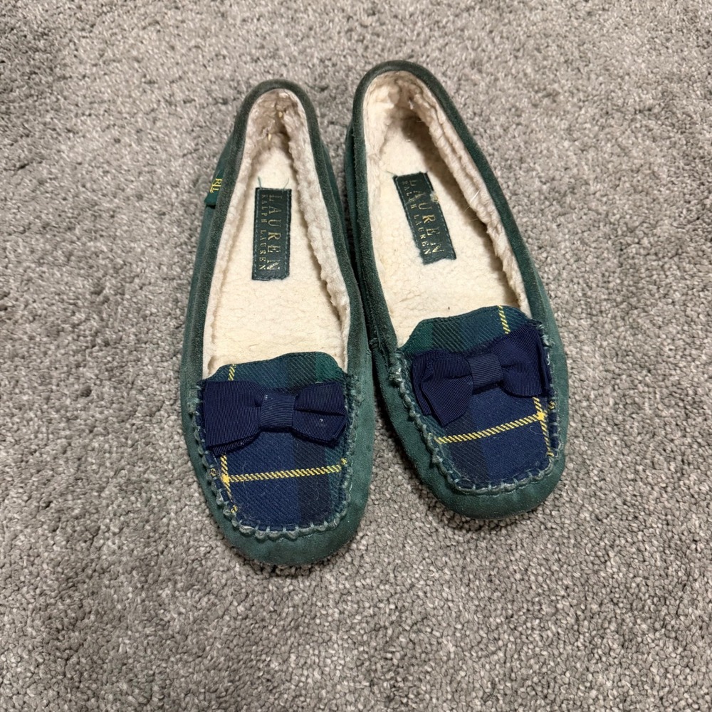 Lauren Ralph Lauren‎ Women Green Plaid Bow Moccasin Slippers Fluffy Lined Cozy